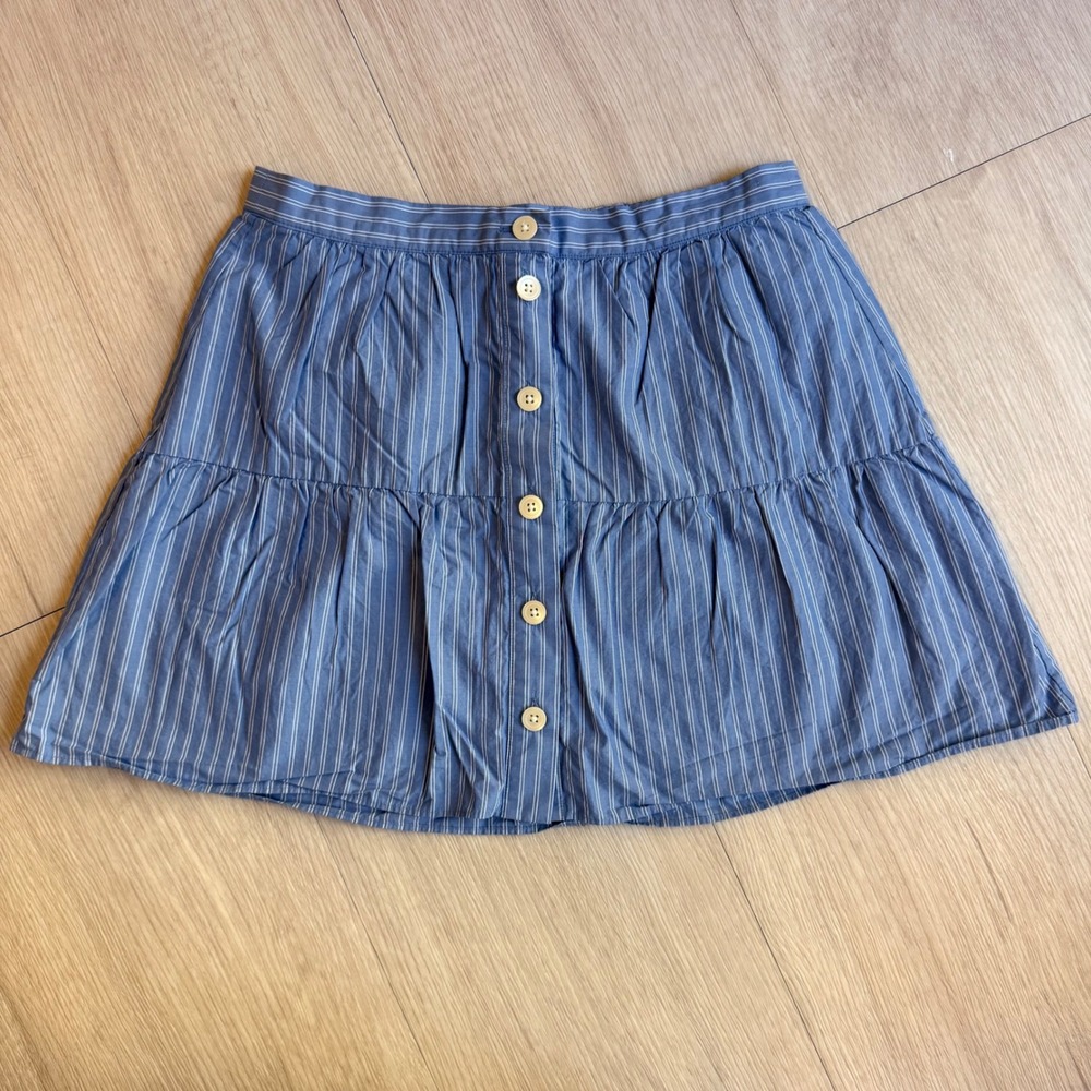 Madewell Blue White Pinstripe Button Front Tiered Cotton Mini Skirt Size Small